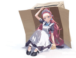 Rule 34 | 1girl, apron, blue archive, blue bow, blue bowtie, bow, bowtie, box, cardboard box, cat, commentary request, forehead, frilled apron, frills, hair bow, hair ribbon, halo, high heels, highres, knees together feet apart, long hair, looking at viewer, maid, maid apron, maid headdress, newnand, parted bangs, ponytail, purple eyes, red hair, ribbon, short sleeves, sidelocks, simple background, sitting, white apron, white background, yuzu (blue archive), yuzu (maid) (blue archive)