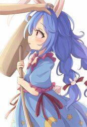 Rule 34 | 1girl, 1other, animal ears, blue dress, blue hair, blush, crescent print, dress, hair ornament, headpat, highres, holding, kine, long hair, low twintails, mallet, neko mata, open mouth, rabbit ears, rabbit girl, rabbit hair ornament, red eyes, seiran (touhou), short sleeves, simple background, solo focus, star (symbol), star print, touhou, twintails, white background