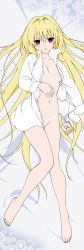 Rule 34 | 10s, 1girl, absurdres, bare legs, barefoot, blonde hair, blush, breasts, breasts apart, collarbone, dakimakura (medium), dress shirt, feet, female focus, groin, hair intakes, highres, huge filesize, knees together feet apart, konjiki no yami, legs, long hair, long image, long sleeves, looking at viewer, lying, milk, navel, no bra, no panties, on back, open clothes, open shirt, parted lips, red eyes, sexually suggestive, shirt, solo, spilling, tall image, to love-ru, to love-ru darkness, toes, vector trace, very long hair
