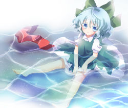 Rule 34 | 1girl, aqua dress, bad id, bad pixiv id, barefoot, blue eyes, blue hair, bow, cirno, colored eyelashes, dress, hair bow, highres, kuromame (8gou), looking at viewer, matching hair/eyes, partially submerged, puffy sleeves, shirt, short sleeves, silver hair, sitting, solo, touhou, water