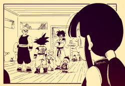 Rule 34 | 1girl, 5boys, arms at sides, bald, beige background, black hair, blunt bangs, blush, border, chaozu, chi-chi (dragon ball), chinese clothes, clothes writing, commentary request, crossed arms, dougi, dragon ball, dragon ball (classic), eyelashes, facial scar, facing away, fenyon, full body, hands on own hips, happy, hat, height difference, indoors, kuririn, looking at another, looking away, looking up, low ponytail, monochrome, multiple boys, outside border, ponytail, profile, scar, scar on cheek, scar on face, sidelocks, simple background, smile, son goku, spiked hair, standing, sweatdrop, talking, tenshinhan, third eye, twitter username, wristband, yamcha