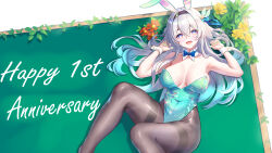 Rule 34 | 1girl, :d, absurdres, alternate costume, animal ears, aqua hair, aqua leotard, bare arms, bare shoulders, black hairband, blue bow, blue bowtie, bow, bowtie, breasts, cleavage, commentary, covered navel, detached collar, feet out of frame, firefly (honkai: star rail), flower, gradient hair, green nails, grey hair, grey pantyhose, hairband, highres, honkai: star rail, honkai (series), large breasts, leaf, leotard, long hair, looking at viewer, multicolored hair, nail polish, open mouth, orange flower, pantyhose, playboy bunny, purple eyes, rabbit ears, smile, solo, strapless, strapless leotard, thighband pantyhose, thighs, very long hair, wrist cuffs, zea (zeamilky)