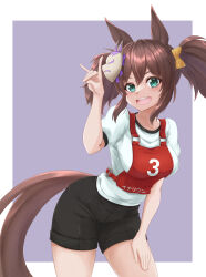 Rule 34 | 1girl, animal ears, black shorts, bow, brown hair, character name, commentary, fox mask, fox shadow puppet, green eyes, gym shirt, gym shorts, gym uniform, hair bow, hand on own thigh, highres, horse ears, horse girl, horse tail, inari one (umamusume), kemuri (etep3372), leaning forward, looking at viewer, mask, mask on head, medium hair, open mouth, orange bow, purple background, race bib, shirt, short sleeves, shorts, smile, solo, standing, t-shirt, tail, translated, twintails, umamusume, white shirt