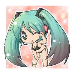 Rule 34 | 1girl, ;d, anklet, aqua hair, barefoot, bikini, blinking, breasts, chibi, cleavage, fushigi ebi, green eyes, hand on leg, hatsune miku, headset, jewelry, leaning forward, long hair, looking at viewer, navel, one eye closed, open mouth, side-tie bikini bottom, smile, solo, swimsuit, twintails, vocaloid, wink