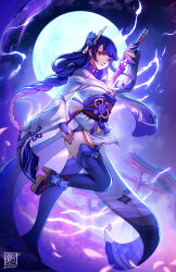 Rule 34 | 1girl, absurdres, alina l, blue hair, braid, breasts, bridal gauntlets, cleavage, floating hair, genshin impact, grey thighhighs, highres, holding, holding sword, holding weapon, human scabbard, japanese clothes, kimono, long hair, long sleeves, looking at viewer, low-braided long hair, low-tied long hair, medium breasts, moon, musou isshin (genshin impact), ponytail, purple eyes, raiden shogun, short kimono, solo, standing, standing on one leg, sword, thighhighs, twitter username, very long hair, weapon, white kimono, wide sleeves, zettai ryouiki