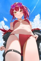 Rule 34 | 1girl, bare shoulders, bikini, black jacket, blue sky, blush, breasts, closed mouth, cloud, cloudy sky, commentary request, earrings, from below, heart, heart-shaped eyewear, heart earrings, highres, hololive, houshou marine, houshou marine (summer), jacket, jewelry, large breasts, long sleeves, looking at viewer, matttttya1, navel, off shoulder, official alternate costume, open clothes, open jacket, outdoors, pink-tinted eyewear, ponytail, puffy long sleeves, puffy sleeves, red bikini, red eyes, red hair, sky, smile, solo, stomach, swimsuit, thigh strap, thighs, tinted eyewear, virtual youtuber, yellow eyes