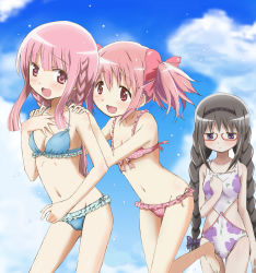 Rule 34 | 3girls, :d, akemi homura, bikini, black hair, blue bikini, blush, bow, braid, clenched hand, commentary request, crossover, female focus, floral print, frilled bikini, frills, front-tie top, hair bow, hairband, halterneck, hand on own chest, hands on another&#039;s shoulders, highres, kaname madoka, kinfuji, magia record: mahou shoujo madoka magica gaiden, mahou shoujo madoka magica, midriff, multiple girls, navel, open mouth, pink bikini, pink bow, pink eyes, pink hair, purple eyes, red-framed eyewear, red eyes, smile, swimsuit, tamaki iroha, twin braids, twintails