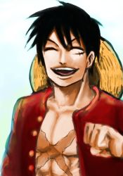 Rule 34 | 1boy, black hair, closed eyes, hat, unworn headwear, male focus, monkey d. luffy, one piece, open clothes, open mouth, open shirt, red shirt, ryu-911, scar, shirt, smile, solo, stampede string, straw hat