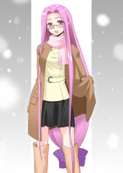 Rule 34 | 00s, 1girl, alternate costume, blush, boots, casual, coat, fate/stay night, fate (series), glasses, long hair, low-tied long hair, medusa (fate), medusa (rider) (fate), open mouth, purple eyes, purple hair, scarf, siseru samurai, skirt, solo, square pupils, very long hair