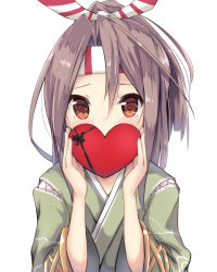 Rule 34 | 10s, 1girl, alternate color, amano kouki, blush, box, brown eyes, brown hair, covering own mouth, hachimaki, hair between eyes, headband, heart-shaped box, high ponytail, highres, japanese clothes, kantai collection, long hair, looking at viewer, ponytail, simple background, solo, valentine, white background, zuihou (kancolle)