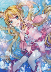 Rule 34 | 1girl, :d, absurdres, blonde hair, blue eyes, blush, breasts, bubble, buttons, dress, earrings, full body, gloves, hair ornament, highres, holding, holding microphone, jewelry, long hair, magical girl, mermaid melody pichi pichi pitch, microphone, nanami lucia, open mouth, pleated skirt, shell, shells, skirt, smile, solo, sudach koppe, twintails, underwater, very long hair