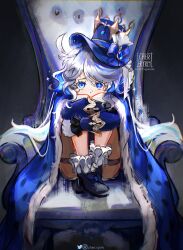 Rule 34 | 1girl, ahoge, asymmetrical gloves, black footwear, black gloves, blue brooch, blue eyes, blue gemstone, blue hair, blue hat, commentary, couch, cowlick, drop-shaped pupils, english commentary, furina (genshin impact), gem, genshin impact, gloves, hair between eyes, hat, heterochromia, highres, hugging own legs, kodona, light blue hair, lolita fashion, long hair, long sleeves, looking at viewer, mismatched gloves, mismatched pupils, multicolored hair, on couch, ryrmcher, shorts, sitting, solo, streaked hair, symbol-shaped pupils, top hat, white gloves, white hair, white shorts