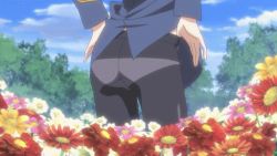Rule 34 | 1girl, animated, animated gif, ass, butt crack, cloud, flower, original clip, panties, panties under pantyhose, pantyhose, perrine h. clostermann, solo, strike witches, underwear, undressing, world witches series