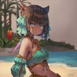 Rule 34 | 10s, 1girl, 2016, animal ears, bandeau, bare shoulders, beach, blue eyes, braid, breasts, brown hair, bustier, cat ears, cat girl, dated, detached sleeves, expressionless, facial mark, female focus, final fantasy, final fantasy xiv, forehead jewel, hair ornament, halterneck, harem outfit, highres, looking at viewer, medium breasts, midriff, miqo&#039;te, momoko (momopoco), nature, navel, ocean, outdoors, palm tree, plant, puffy sleeves, short hair, signature, sky, slit pupils, solo, tree, twin braids, twitter username, upper body, warrior of light (ff14), whisker markings