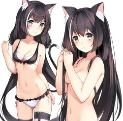 Rule 34 | 1girl, 3:, animal ear fluff, animal ears, bikini, black hair, blush, breasts, cat ears, cat tail, cleavage, closed mouth, commentary request, completely nude, cowboy shot, gin00, gluteal fold, green eyes, highres, karyl (princess connect!), long hair, looking at viewer, low twintails, multicolored hair, multiple views, navel, nude, own hands together, princess connect!, side-tie bikini bottom, simple background, small breasts, streaked hair, swimsuit, tail, twintails, very long hair, white background