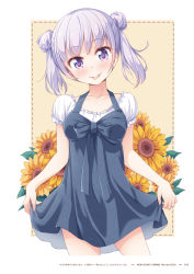 Rule 34 | 1girl, closed mouth, copyright name, cowboy shot, dress, flower, grey dress, head tilt, highres, long hair, looking at viewer, new game!, official art, page number, pinafore dress, purple eyes, shirt, short dress, short sleeves, silver hair, skirt hold, sleeveless, sleeveless dress, smile, solo, standing, sunflower, suzukaze aoba, tokunou shoutarou, tongue, tongue out, twintails, white shirt, yellow flower