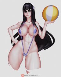 Rule 34 | 1girl, 3d, abs, animated, artist name, ass, ball, beachball, black hair, blue eyes, blunt bangs, breasts, collarbone, curvy, hand on own hip, huge ass, kill la kill, kiryuuin satsuki, large breasts, long hair, looking at viewer, lowres, navel, rushzilla, slingshot swimsuit, solo, stomach, swimsuit, thick eyebrows, thick thighs, thighs, video, white background, wide hips