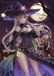 Rule 34 | 1girl, bare shoulders, black dress, black hat, breasts, cleavage, commentary, corrin (female) (fire emblem), corrin (female) (halloween) (fire emblem), corrin (fire emblem), dress, feet out of frame, fire emblem, fire emblem fates, fire emblem heroes, frilled sleeves, frills, full moon, grey hair, grin, halloween, halloween costume, hat, highres, juliet sleeves, lantern, large breasts, long hair, long sleeves, looking at viewer, moon, night, night sky, nintendo, off-shoulder dress, off shoulder, official alternate costume, one eye closed, parted lips, pointy ears, puffy sleeves, red eyes, ryuuneart, side slit, sky, smile, solo, standing, thighs, very long hair, witch, witch hat