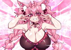 Rule 34 | absurdres, animal ears, blush, bow, breasts, fangs, food, fox ears, fox girl, fruit, highres, huge breasts, jewelry, kireina (osiimi), looking at viewer, mole, mole on breast, nail polish, necklace, original, osiimi, pink background, pink eyes, pink hair, ponytail, smile, solo, strawberry, v, virtual youtuber