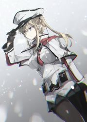 Rule 34 | 10s, 1girl, adjusting clothes, adjusting headwear, anchor choker, arm up, artist name, between breasts, black gloves, black pantyhose, black skirt, blonde hair, blue eyes, breasts, capelet, chibirisu, collar, cross, dutch angle, expressionless, female focus, gloves, graf zeppelin (kancolle), hat, highres, iron cross, kantai collection, large breasts, long sleeves, military, miniskirt, necktie, necktie between breasts, pantyhose, peaked cap, pleated skirt, pocket, short hair, sidelocks, skirt, snow, snowing, solo, walking
