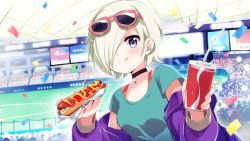 Rule 34 | 1girl, :q, absurdres, aqua shirt, audience, baseball stadium, black choker, blonde hair, blush, breasts, choker, commentary, confetti, cup, disposable cup, drink, drinking straw, earclip, eyebrows hidden by hair, eyewear on head, food, hair over one eye, hara yui, highres, holding, holding drink, holding food, hot dog, indoors, jacket, ketchup, licking lips, looking at viewer, love live!, love live! nijigasaki high school idol club, medium breasts, mia taylor, mustard, off shoulder, open clothes, open jacket, purple eyes, purple jacket, shirt, short hair, solo, t-shirt, teardrop necklace, tongue, tongue out