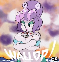 Rule 34 | 1boy, 1girl, :d, :o, absurdres, animal, animal on head, artist logo, bare arms, bare shoulders, between breasts, blue eyes, breast hold, breasts, cala maria (cuphead), cklevel99, cleavage, crossed arms, cup, cuphead, cuphead (game), drinking straw, drooling, english text, eyelashes, eyeshadow, giant, giantess, gloves, green eyeshadow, heart, highres, huge filesize, large breasts, lips, lipstick, looking at another, looking down, makeup, mermaid, monster girl, mouth drool, navel, ocean, octopus, on head, open mouth, outdoors, person between breasts, pink lips, purple hair, raised eyebrow, red nose, scar, seashell, shell, shell bikini, short hair, smile, stomach, tentacle hair, water, waves, white gloves, x x