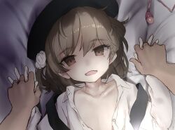 Rule 34 | 1girl, beret, black headwear, brown eyes, collared shirt, commentary request, egg vibrator, flat chest, grey hair, hat, hatoba tsugu, holding hands, interlocked fingers, looking at viewer, lying, mole, mole under eye, on back, open clothes, open mouth, open shirt, pov, pov hands, sex toy, shirt, sketch, suspenders, suspenders slip, tsugu (vtuber), tsurusaki takahiro, upper body, vibrator, virtual youtuber, white shirt
