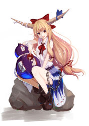 Rule 34 | 1girl, absurdres, belt, blonde hair, blue ribbon, blue skirt, boots, bow, bowtie, brown footwear, chain, commentary request, cup, gourd, hair bow, hair ribbon, highres, horn ornament, horn ribbon, horns, ibuki suika, long hair, low ponytail, lumo 1121, red bow, red bowtie, ribbon, rock, sakazuki, shirt, sidelocks, simple background, sitting, sitting on rock, skirt, sleeveless, solo, torn clothes, torn sleeves, touhou, tress ribbon, very long hair, white background, white shirt