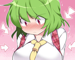 Rule 34 | 1girl, arrow (symbol), ascot, between breasts, blush, breasts, commentary request, embarrassed, female focus, green hair, hammer (sunset beach), kazami yuuka, large breasts, pink background, plaid, plaid vest, red eyes, short hair, solo, touhou, trembling, upper body, vest