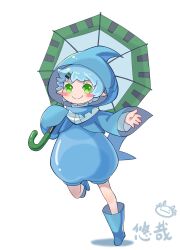 Rule 34 | 1girl, animal hood, ben 10, blue footwear, blue hair, blue jumpsuit, blue tail, boots, character request, chinese commentary, closed mouth, fins, fish tail, green eyes, hair ornament, hairclip, highres, holding, holding umbrella, hood, hood up, jumpsuit, leg up, light blue hair, long sleeves, over shoulder, pointy ears, shadow, shark hood, shark tail, short hair, short jumpsuit, simple background, smile, solo, split mouth, standing, standing on one leg, tail, umbrella, umbrella over shoulder, white background, youzaiyouzai112