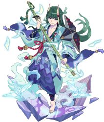 Rule 34 | 1boy, aqua kimono, architecture, armor, artist request, barefoot, blue legwear, blue pants, collarbone, east asian architecture, eyeshadow, feet, full body, green eyeshadow, green hair, hakama, hakama pants, hand up, happy, highres, holding, holding sword, holding weapon, horns, japanese clothes, katana, kimono, leg up, long hair, long sleeves, looking at viewer, makeup, male focus, murakumo (world flipper), non-web source, obi, official art, oni, open clothes, open kimono, open mouth, origami, pants, paper crane, purple eyes, ribbon-trimmed sleeves, ribbon trim, sash, sheath, sheathed, shoulder armor, sidelocks, skin-covered horns, smile, smoke, solo, standing, standing on one leg, sword, tassel, transparent, transparent background, weapon, wide sleeves, world flipper