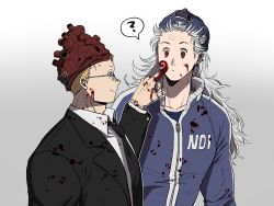 Rule 34 | 1boy, 1girl, ?, black jacket, black necktie, blonde hair, blood, blood on clothes, blood on face, blue jacket, clothes writing, collared shirt, dorohedoro, earrings, formal, glasses, gradient background, grey background, grey hair, hand up, height difference, highres, jacket, jewelry, ki (mxxxx), long hair, long sleeves, looking at another, mask, mask on head, necktie, noi (dorohedoro), painting (action), profile, red eyes, shin (dorohedoro), shirt, short hair, smile, spoken question mark, stitched fingers, stitched hand, suit, surprised, track suit, upper body, white shirt, zipper