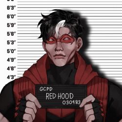 Rule 34 | 1boy, batman (series), bodysuit, calladraws1, dc comics, domino mask, english text, height chart, highres, holding, holding sign, jason todd, looking at viewer, male focus, mask, meme, mugshot, multicolored hair, red hood (dc), red mask, sign, solo, two-tone hair, western comics (style), white hair