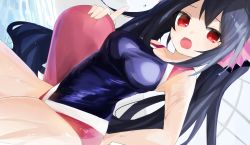 Rule 34 | absurdres, bare shoulders, black hair, breasts, competition swimsuit, dripping, highres, long hair, medium breasts, neptune (series), noire (neptunia), one-piece swimsuit, open mouth, red eyes, ribbon, shibuminigai, surprised, swimsuit, thighs, tsundere, twintails, wet