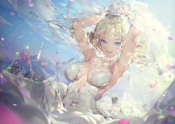 Rule 34 | 1girl, armpits, arms behind head, blonde hair, blue eyes, blurry, blurry foreground, breasts, bridal veil, cake, catherine, catherine: full body, catherine (game), choker, cloud, commentary request, crab d, day, depth of field, dress, drill hair, dutch angle, flower, food, korean commentary, looking at viewer, medium breasts, parted lips, petals, sky, solo, sparkle, twin drills, twintails, veil, wedding cake, wedding dress, white dress