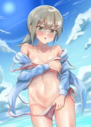 Rule 34 | 1girl, bare shoulders, bikini, blue jacket, blue sky, blush, breasts, brown eyes, brown hair, cloud, collarbone, covering privates, covering breasts, covering privates, cowboy shot, day, embarrassed, grey hair, groin, hair between eyes, hair ornament, hairclip, highres, hood, hoodie, jacket, long hair, long sleeves, looking at viewer, low ponytail, masamune mino, minowa gin, navel, nose blush, ocean, off shoulder, open clothes, open jacket, open mouth, outdoors, pink bikini, ponytail, short ponytail, side-tie bikini bottom, sidelocks, sky, small breasts, solo, standing, stomach, stomach day, sun, swimsuit, untied bikini, wading, wardrobe malfunction, washio sumi wa yuusha de aru, water, wet, yuusha de aru