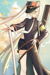 Rule 34 | 1girl, armband, bike shorts, black coat, cloud, cloudy sky, coat, commentary, creatures (company), detached sleeves, english commentary, fighting miku (project voltage), game freak, gloves, green armband, hand on own hip, hatsune miku, highres, long hair, long sleeves, looking at viewer, mouth hold, necktie, nintendo, okyurita, orange trim, pokemon, project voltage, side slit, signature, single detached sleeve, sky, stalk in mouth, thighhighs, twintails, very long hair, visor cap, vocaloid, white gloves, white hair, white necktie, white thighhighs, yellow eyes