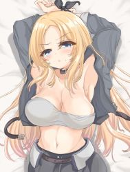 Rule 34 | 1girl, armpits, arms up, black shorts, blonde hair, blue eyes, bound, bound wrists, breasts, grey jacket, jacket, kantai collection, kasashi (kasasi008), large breasts, long hair, long sleeves, lying, nelson (kancolle), official alternate costume, on back, open clothes, open jacket, race queen, shorts, solo, strapless, tube top, upper body
