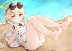 Rule 34 | 1girl, absurdres, bag, barefoot, beach, bikini, blue archive, collarbone, eyewear on head, frilled bikini, frills, full body, halo, hifumi (blue archive), hifumi (swimsuit) (blue archive), highres, legs up, light brown hair, long hair, low twintails, lying, mizusaki (kn27), ocean, sand, solo, sunglasses, swimsuit, twintails, white bikini, yellow eyes