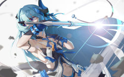Rule 34 | 1girl, absurdres, armpits, attack, bare shoulders, blue eyes, blue hair, breasts, hair between eyes, hair ornament, highres, holding, holding sword, holding weapon, honkai (series), honkai impact 3rd, liliya olenyeva, long hair, looking to the side, navel, sideboob, simple background, small breasts, solo, sword, tail, tian shrimp, weapon, white background