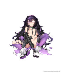 Rule 34 | 1girl, absurdres, assault rifle, bandages, bandaid, bandaid on stomach, black hair, boots, bottomless, breasts, carbine, covering crotch, covering privates, damaged, eyepatch, folding stock, full body, girls&#039; frontline, gloves, gradient legwear, gun, hair between eyes, highres, holding, holding gun, holding weapon, kac-pdw, kac-pdw (girls&#039; frontline), long hair, looking at viewer, multicolored hair, navel, official art, open mouth, personal defense weapon, purple eyes, purple gloves, purple hair, purple thighhighs, rifle, scope, shanyao jiang tororo, shoes, simple background, sitting, sleeveless, small breasts, sneakers, solo, stock (firearm), stomach, submachine gun, thighhighs, thighs, torn clothes, torn thighhighs, transparent background, trigger discipline, vertical forward grip, very long hair, weapon, white background, white footwear