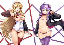 Rule 34 | 2girls, ajishio, antenna hair, bare shoulders, between breasts, bikini, blonde hair, blush, breasts, cleavage, collarbone, detached sleeves, eyebrows, gluteal fold, green eyes, grin, hair ornament, headphones, hood, hoodie, large breasts, long hair, long sleeves, looking at viewer, low twintails, multiple girls, navel, necktie, necktie between breasts, open clothes, open mouth, open shirt, purple bikini, purple eyes, purple hair, purple legwear, red bikini, red legwear, red necktie, shirt, side-tie bikini bottom, simple background, single thighhigh, skindentation, small breasts, smile, standing, striped clothes, striped legwear, striped thighhighs, swimsuit, thighhighs, tsurumaki maki, twintails, v, vertical-striped clothes, vertical-striped thighhighs, very long hair, vocaloid, voiceroid, white shirt, yuzuki yukari