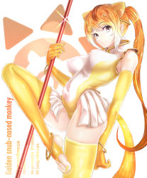 Rule 34 | 1girl, akegata tobari, animal ears, anklet, blonde hair, bracelet, breasts, character name, circlet, closed mouth, commentary request, covered navel, elbow gloves, english text, gloves, golden snub-nosed monkey (kemono friends), gradient hair, holding, impossible clothes, impossible leotard, japari symbol, jewelry, kemono friends, latin text, leg up, legs, leotard, long hair, looking at viewer, medium breasts, monkey ears, monkey tail, multicolored hair, nail polish, orange hair, ponytail, sidelocks, skindentation, skirt, sleeveless, smile, solo, sparkle, standing, tail, thighhighs, toenail polish, toenails, white skirt, yellow gloves, yellow leotard, yellow nails, yellow thighhighs