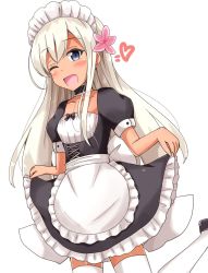 Rule 34 | 1girl, aikawa ryou, alternate costume, apron, blonde hair, blue eyes, blush, bow, bowtie, choker, dark-skinned female, dark skin, enmaided, flower, hair flower, hair ornament, heart, highres, kantai collection, maid, open mouth, ro-500 (kancolle), simple background, smile, solo, standing, tan, thighhighs, white background, white thighhighs