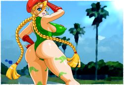 Rule 34 | 1girl, ass, blonde hair, blue eyes, braid, breasts, cammy white, covered erect nipples, female focus, gloves, hat, huge breasts, leotard, long hair, looking at viewer, looking back, open mouth, road, smile, solo, street, street fighter, twin braids, very long hair, wink