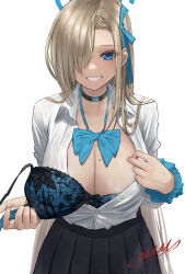Rule 34 | 1girl, asuna (blue archive), black skirt, blue archive, blue bow, blue bra, blue eyes, blue halo, bow, bra, breasts, choker, cleavage, collared shirt, commission, grin, halo, highres, large breasts, light brown hair, looking at viewer, m.m (mmitsu 93), mole, mole on breast, partially unbuttoned, pixiv commission, pleated skirt, removing bra, removing bra under shirt, shirt, simple background, skirt, smile, solo, underwear, unworn bra, white background, white shirt