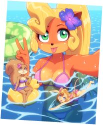 Rule 34 | 3girls, animal ears, bikini, blonde hair, blue eyes, breasts, brown eyes, caustics, chip &#039;n dale rescue rangers, cleavage, coco bandicoot, crash bandicoot (series), crossover, flower, furry, furry female, gadget hackwrench, green eyes, green innertube, hair flower, hair ornament, kempferzero, large breasts, long hair, looking at viewer, mouse girl, mouse tail, multiple girls, pink bikini, pink flower, purple bikini, purple flower, rubber duck, sandy cheeks, size difference, spongebob squarepants (series), squirrel ears, squirrel girl, squirrel tail, swimming, swimsuit, tail, tongue, tongue out, v