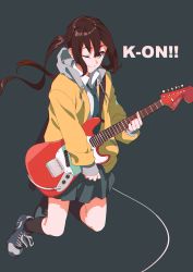 Rule 34 | 1girl, alternate hair color, brown eyes, brown hair, commentary, copyright name, full body, grey background, guitar, hair between eyes, highres, holding, holding instrument, hood, hooded jacket, instrument, jacket, jumping, k-on!, kamameshi gougoumaru, looking at viewer, monochrome background, music, nakano azusa, one eye closed, open clothes, open jacket, playing instrument, pleated skirt, school uniform, shoes, simple background, skirt, smile, socks, solo, split mouth, twintails
