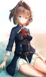 Rule 34 | 1girl, absurdres, ascot, belt, blue eyes, brown hair, dated, flower, highres, kantai collection, long hair, looking at viewer, messy hair, military uniform, pleated skirt, red ascot, red flower, red rose, rose, shanghmely, sheffield (kancolle), signature, sitting, skirt, smile, solo, uniform, white skirt