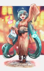 Rule 34 | 1girl, absurdly long hair, absurdres, black bow, bow, brown eyes, commentary, cowlick, cyberlive, english commentary, fang, fire, green hair, highres, inami yoki, japanese clothes, kimono, long hair, low twintails, minster (dooke), obi, orange kimono, platform footwear, sandals, sash, skin fang, sleeves past fingers, sleeves past wrists, smile, solo, twintails, very long hair, virtual youtuber